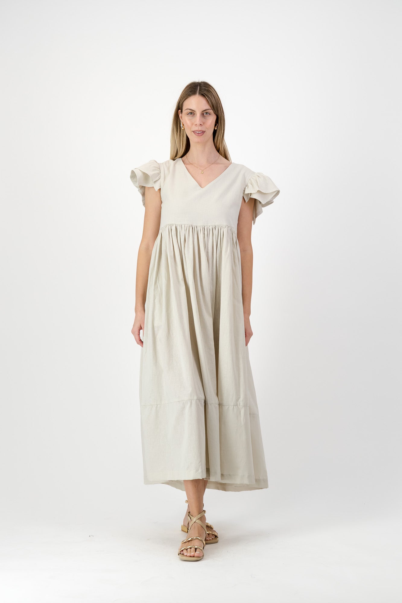 Driftwood Dawn Frill Sleeve Dress — Stone Cotton Linen