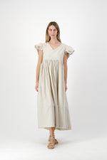 Driftwood Dawn Frill Sleeve Dress — Stone Cotton Linen