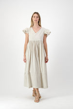 Driftwood Dawn Frill Sleeve Dress — Stone Cotton Linen