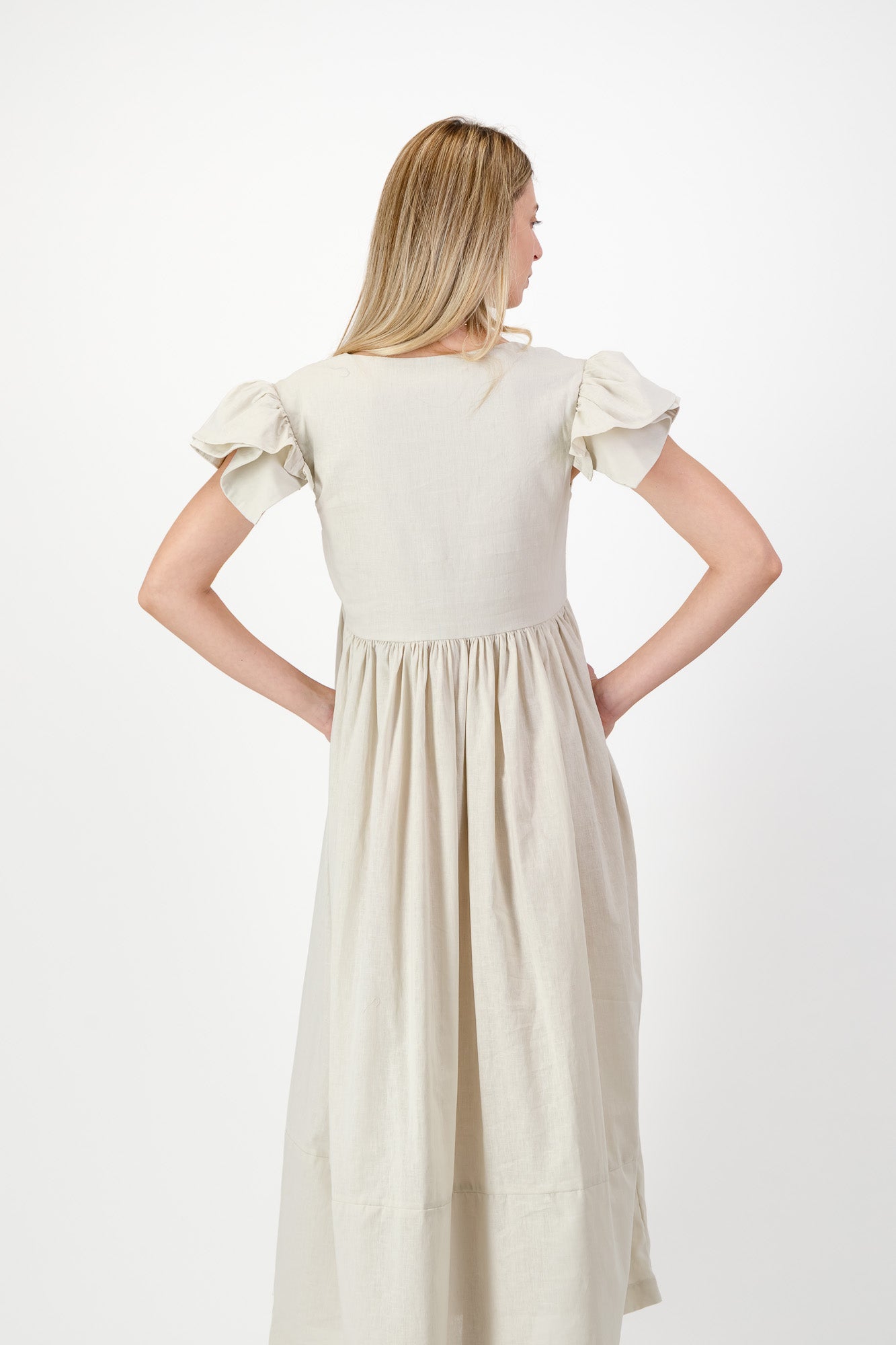 Driftwood Dawn Frill Sleeve Dress — Stone Cotton Linen