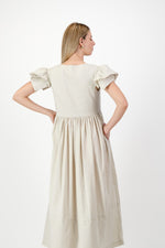 Driftwood Dawn Frill Sleeve Dress — Stone Cotton Linen
