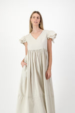 Driftwood Dawn Frill Sleeve Dress — Stone Cotton Linen
