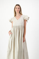 Driftwood Dawn Frill Sleeve Dress — Stone Cotton Linen