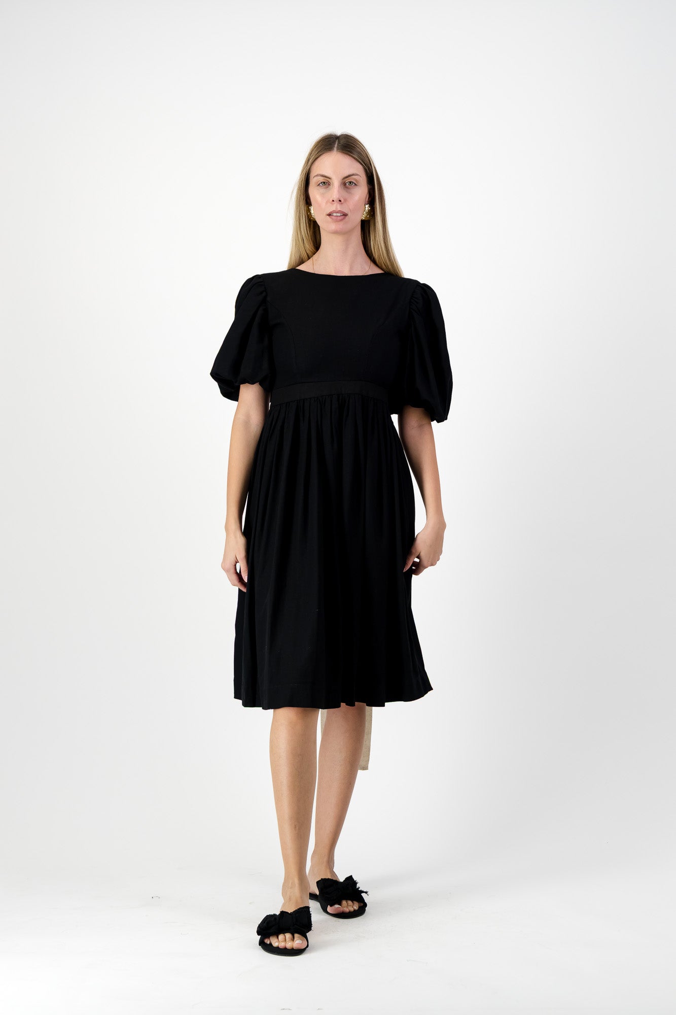 Midnight Solace Open Back Dress — Black with Oatmeal ties