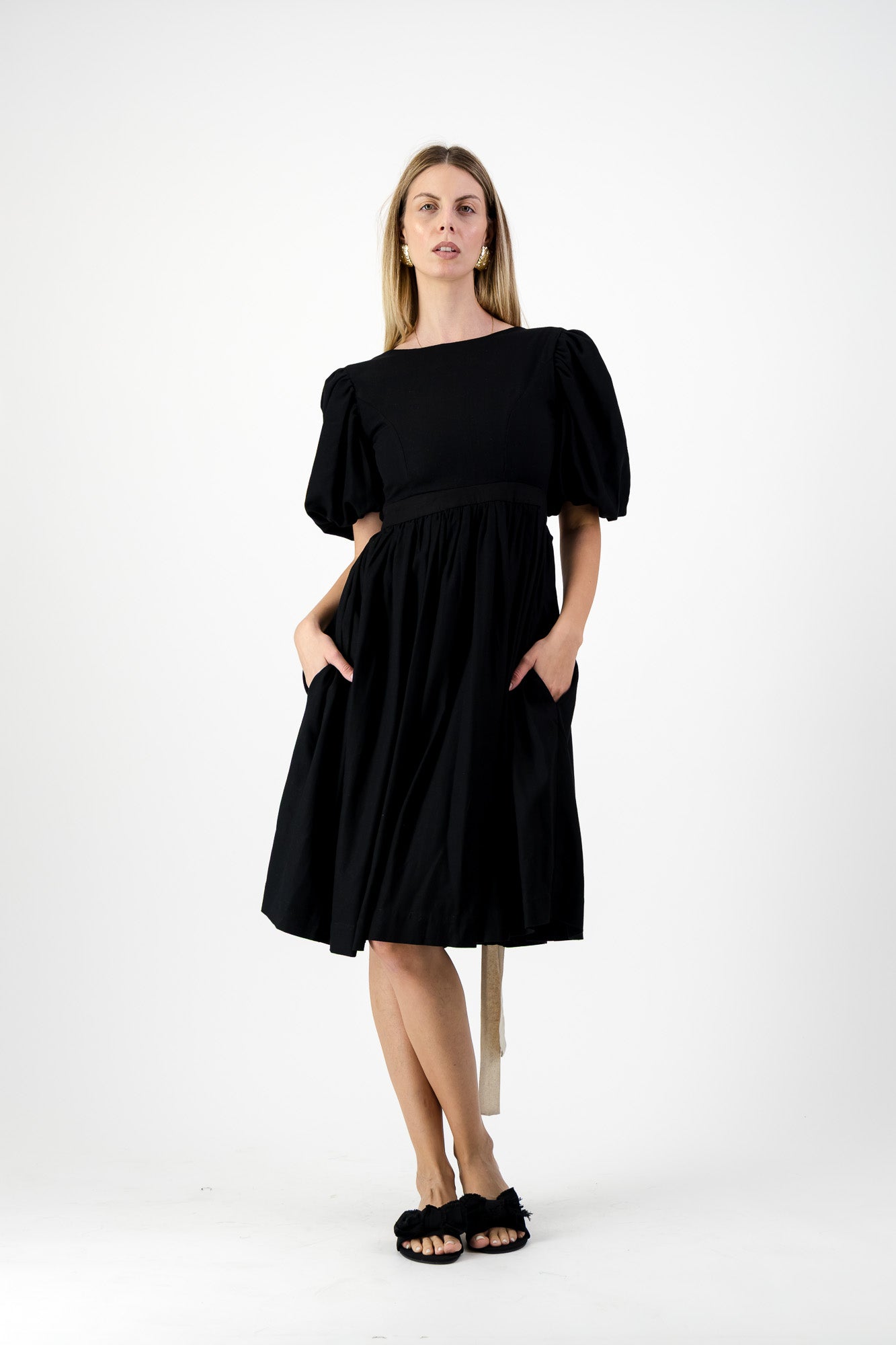 Midnight Solace Open Back Dress — Black with Oatmeal ties