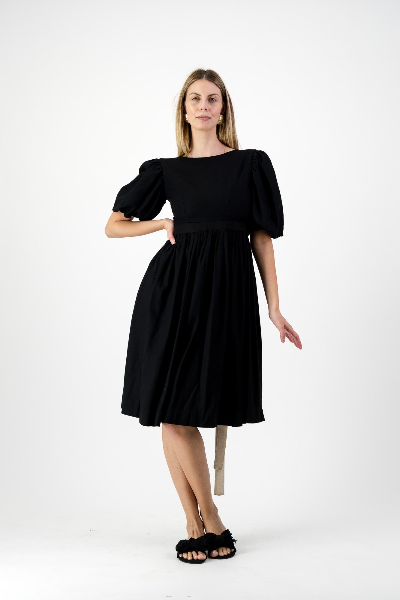 Midnight Solace Open Back Dress — Black with Oatmeal ties