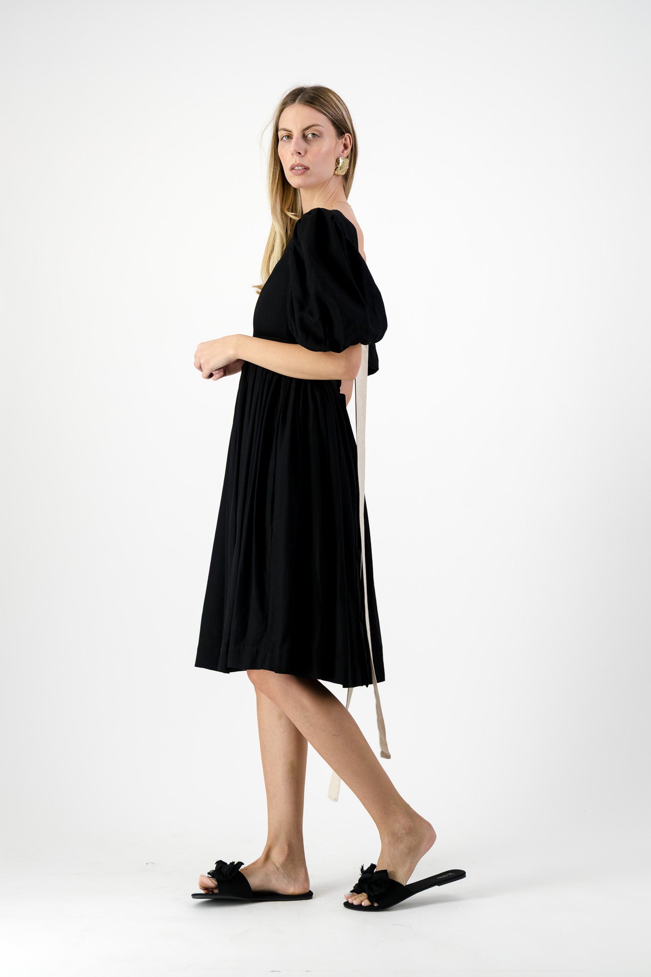 Midnight Solace Open Back Dress — Black with Oatmeal ties