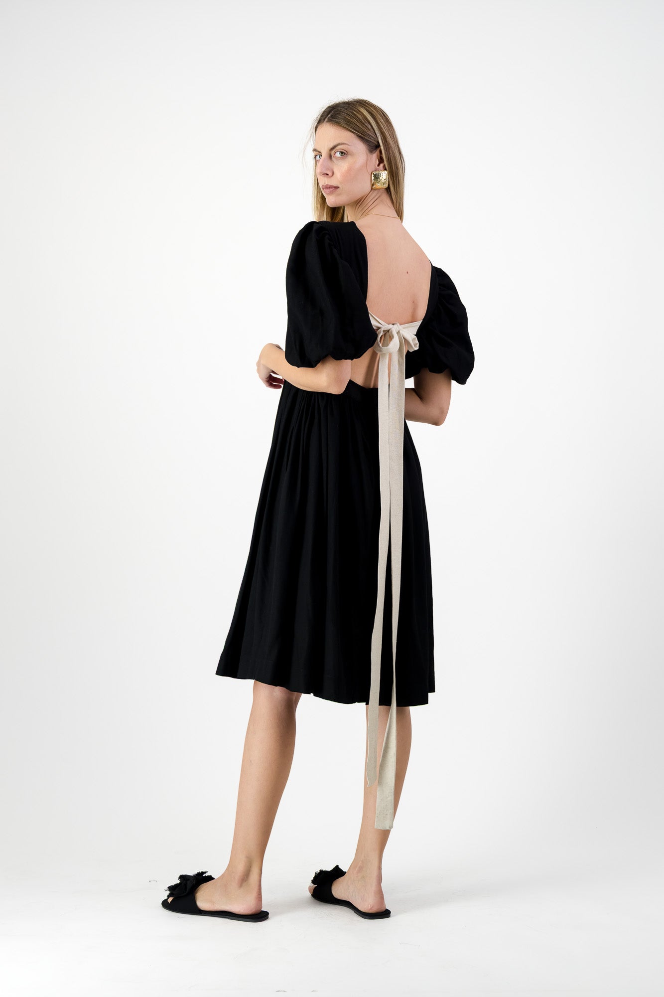 Midnight Solace Open Back Dress — Black with Oatmeal ties