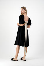 Midnight Solace Open Back Dress — Black with Oatmeal ties