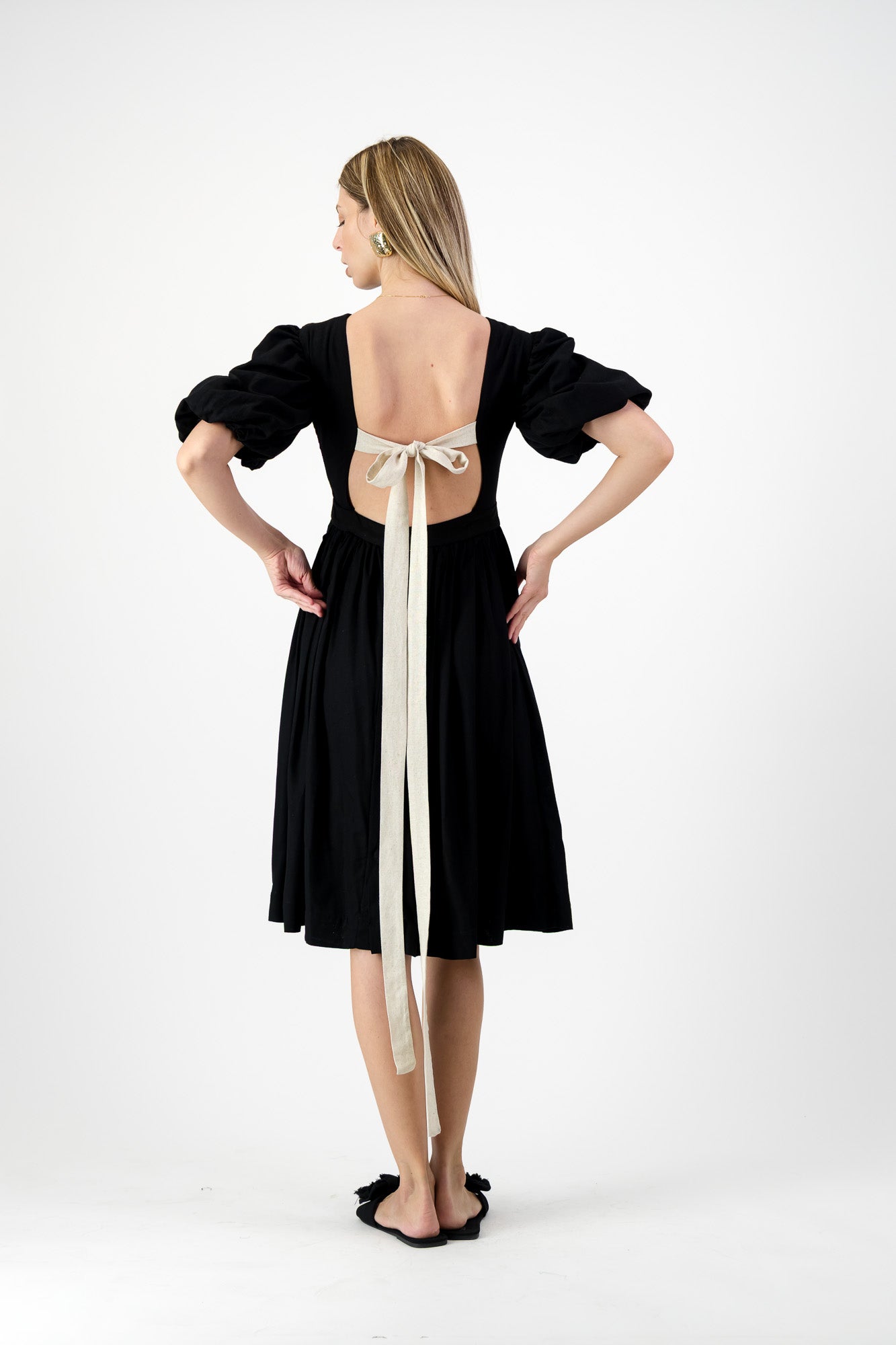 Midnight Solace Open Back Dress — Black with Oatmeal ties