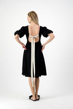 Midnight Solace Open Back Dress — Black with Oatmeal ties