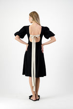 Midnight Solace Open Back Dress — Black with Oatmeal ties