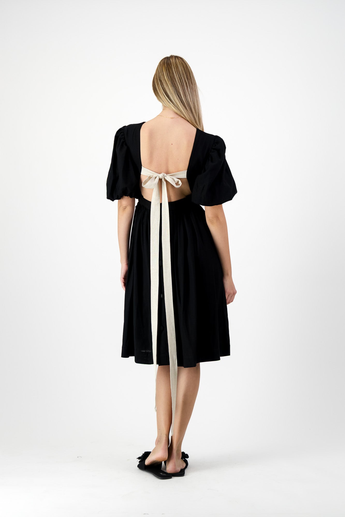 Midnight Solace Open Back Dress — Black with Oatmeal ties