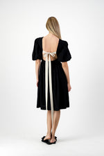 Midnight Solace Open Back Dress — Black with Oatmeal ties