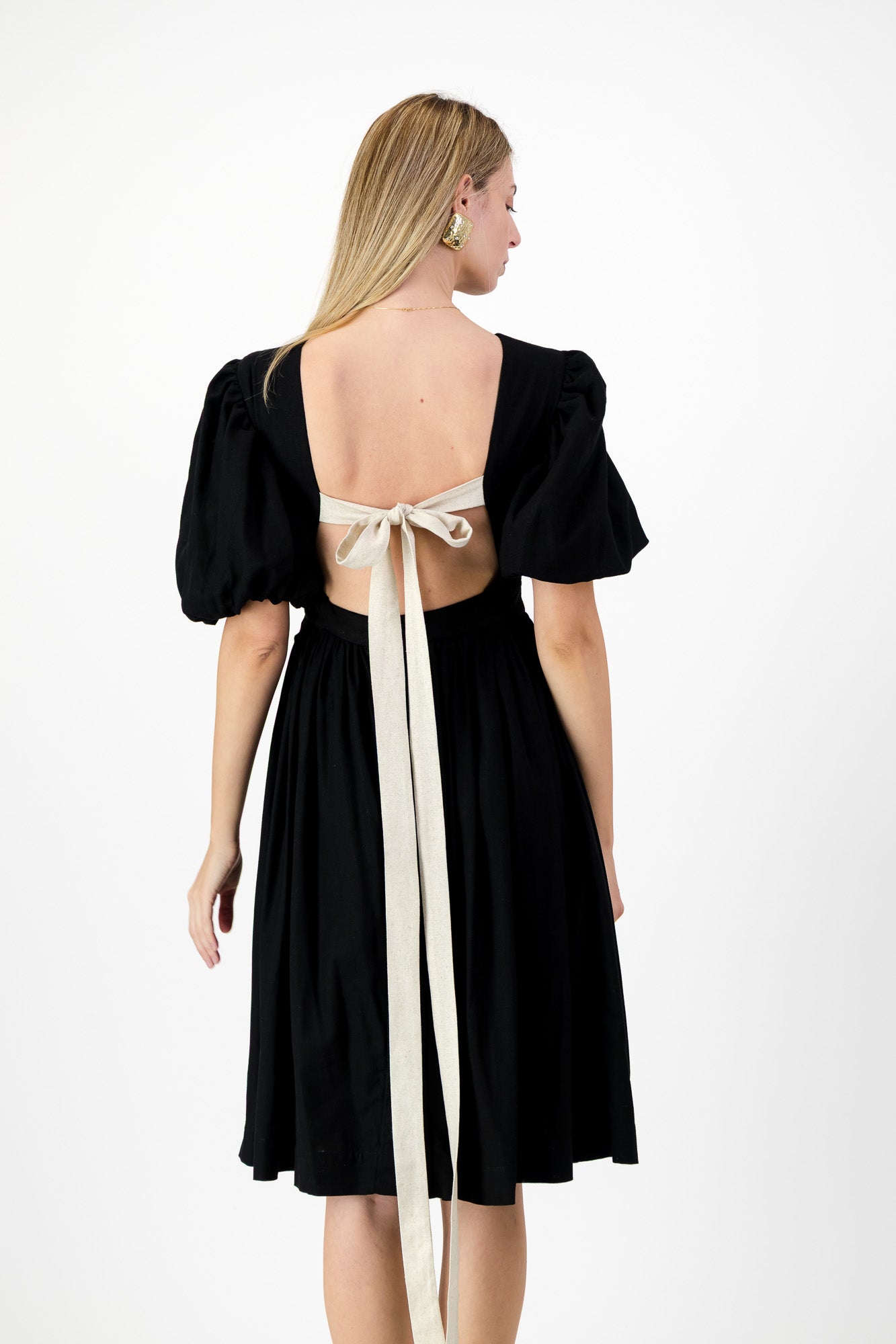Midnight Solace Open Back Dress — Black with Oatmeal ties