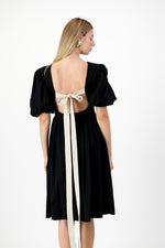 Midnight Solace Open Back Dress — Black with Oatmeal ties