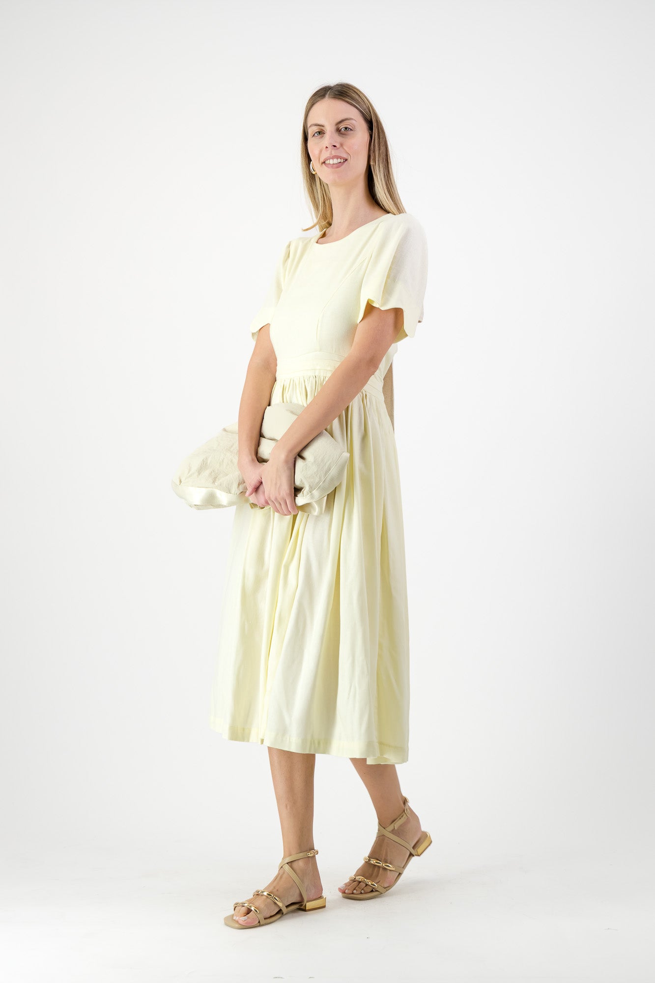 Lemon Meadow Scallop Open Back Dress — Butter Yellow with Oatmeal Tie