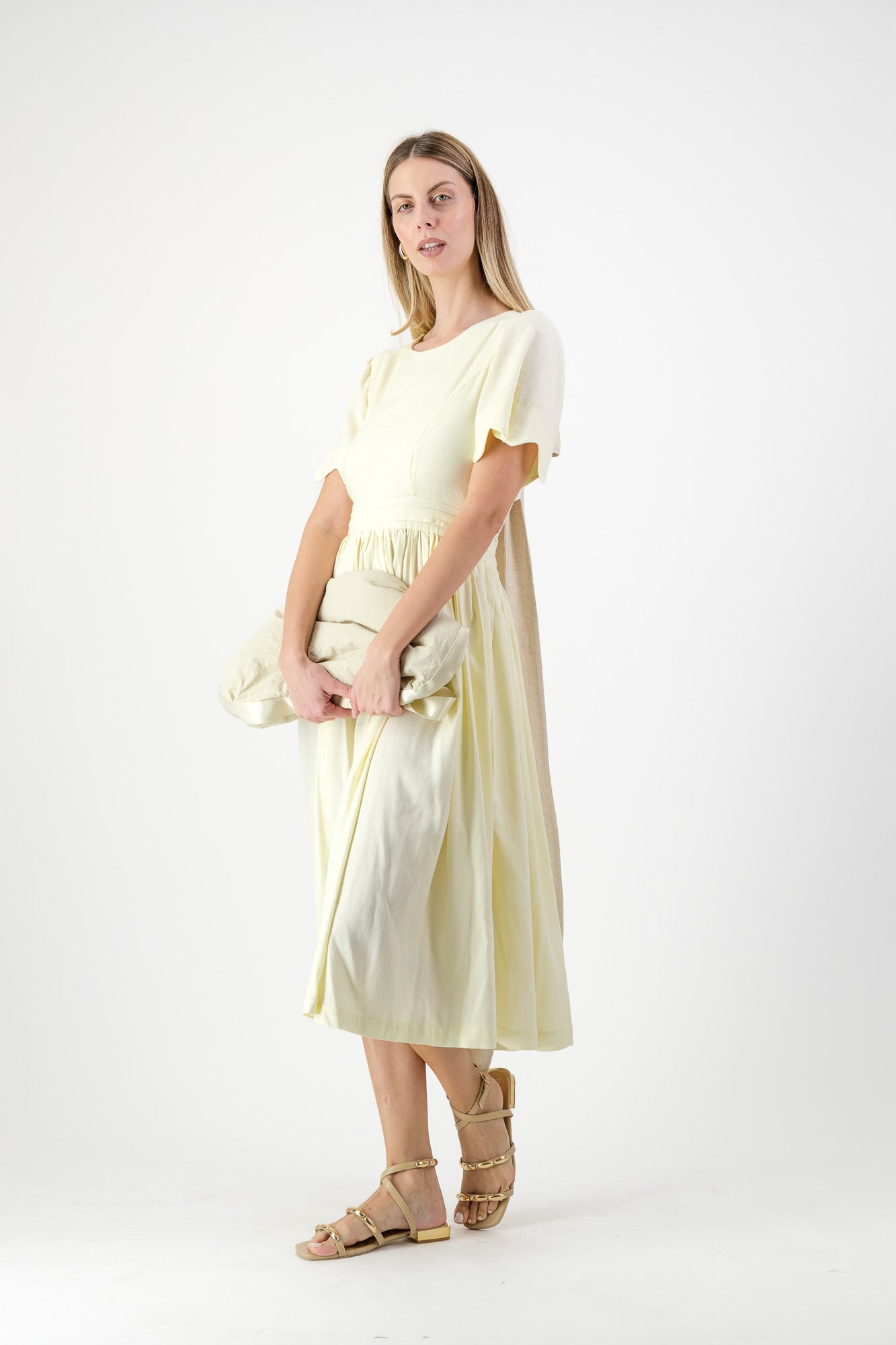 Lemon Meadow Scallop Open Back Dress — Butter Yellow with Oatmeal Tie