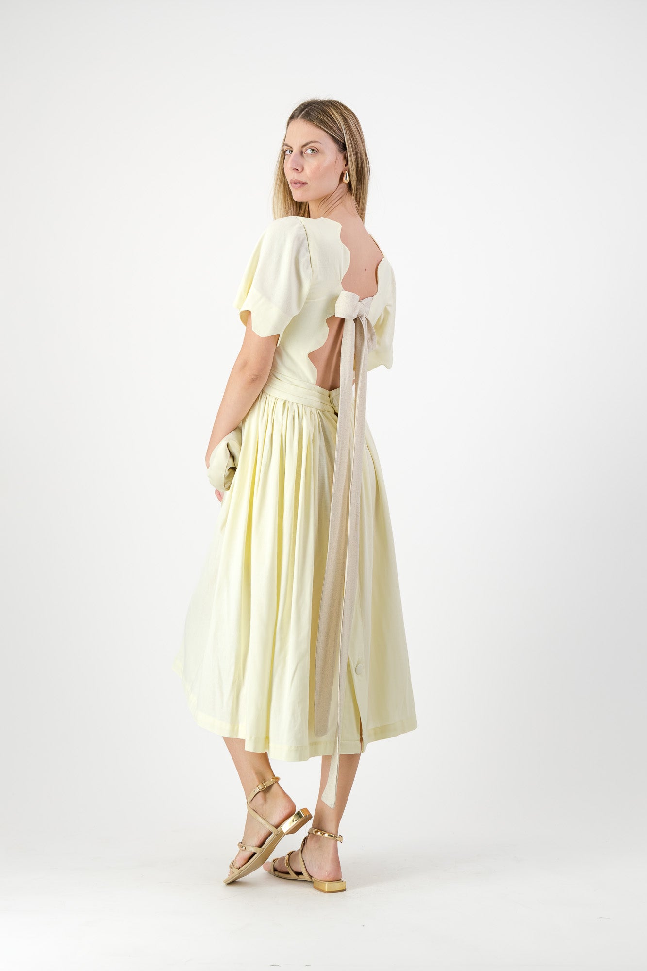 Lemon Meadow Scallop Open Back Dress — Butter Yellow with Oatmeal Tie