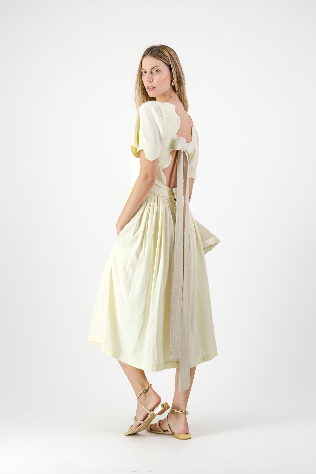 Lemon Meadow Scallop Open Back Dress — Butter Yellow with Oatmeal Tie