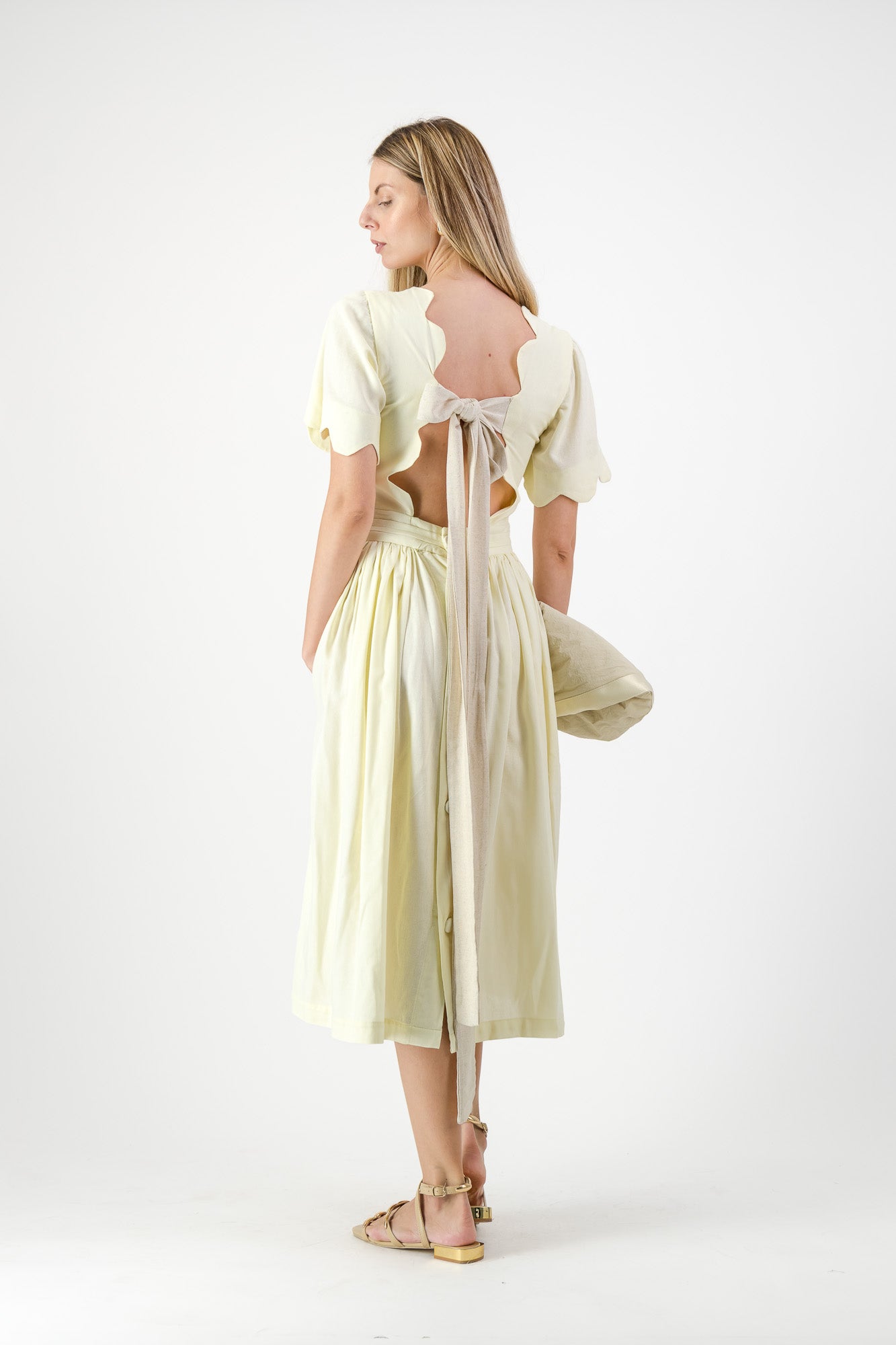 Lemon Meadow Scallop Open Back Dress — Butter Yellow with Oatmeal Tie
