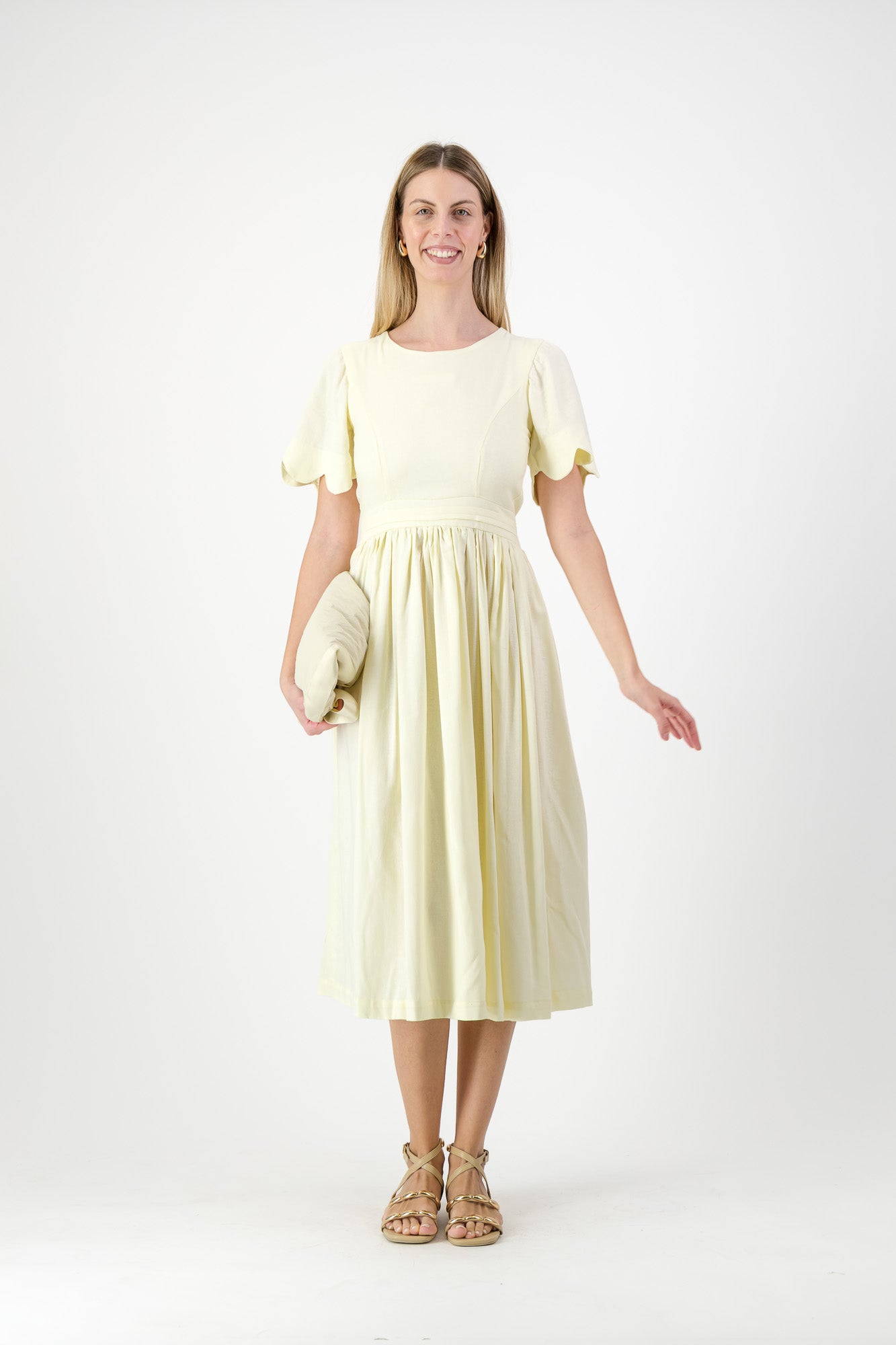 Lemon Meadow Scallop Open Back Dress — Butter Yellow with Oatmeal Tie