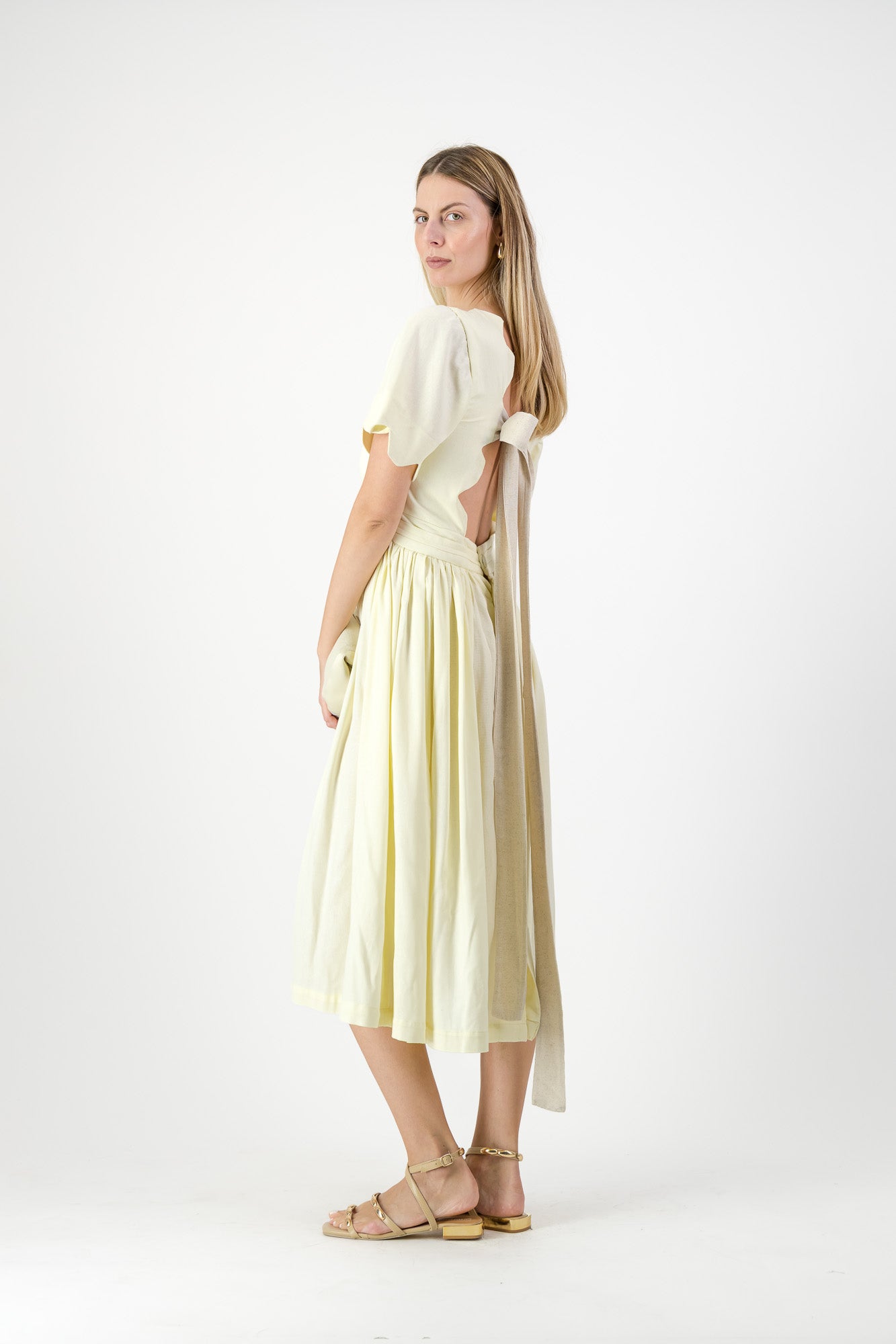 Lemon Meadow Scallop Open Back Dress — Butter Yellow with Oatmeal Tie