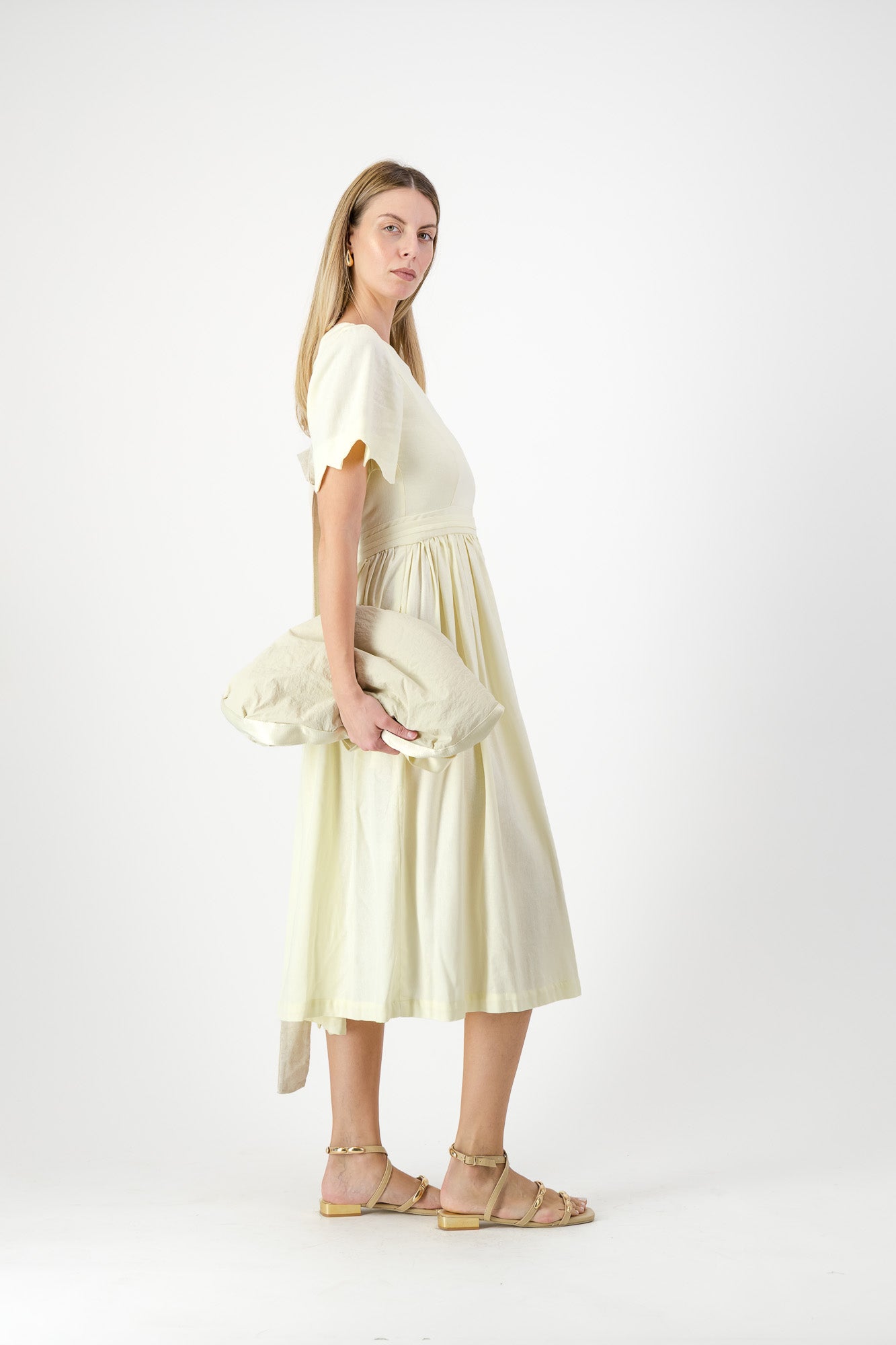 Lemon Meadow Scallop Open Back Dress — Butter Yellow with Oatmeal Tie