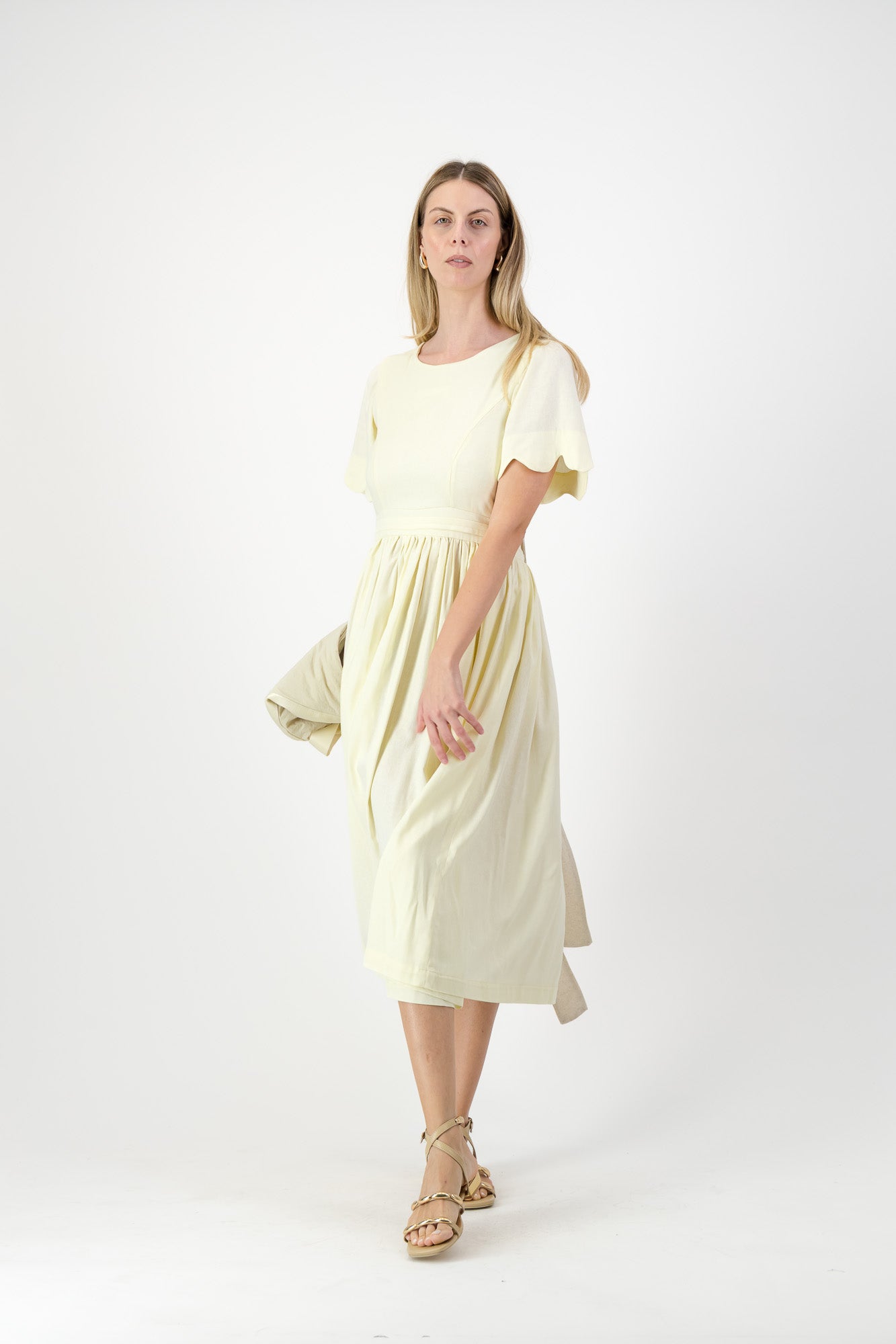Lemon Meadow Scallop Open Back Dress — Butter Yellow with Oatmeal Tie