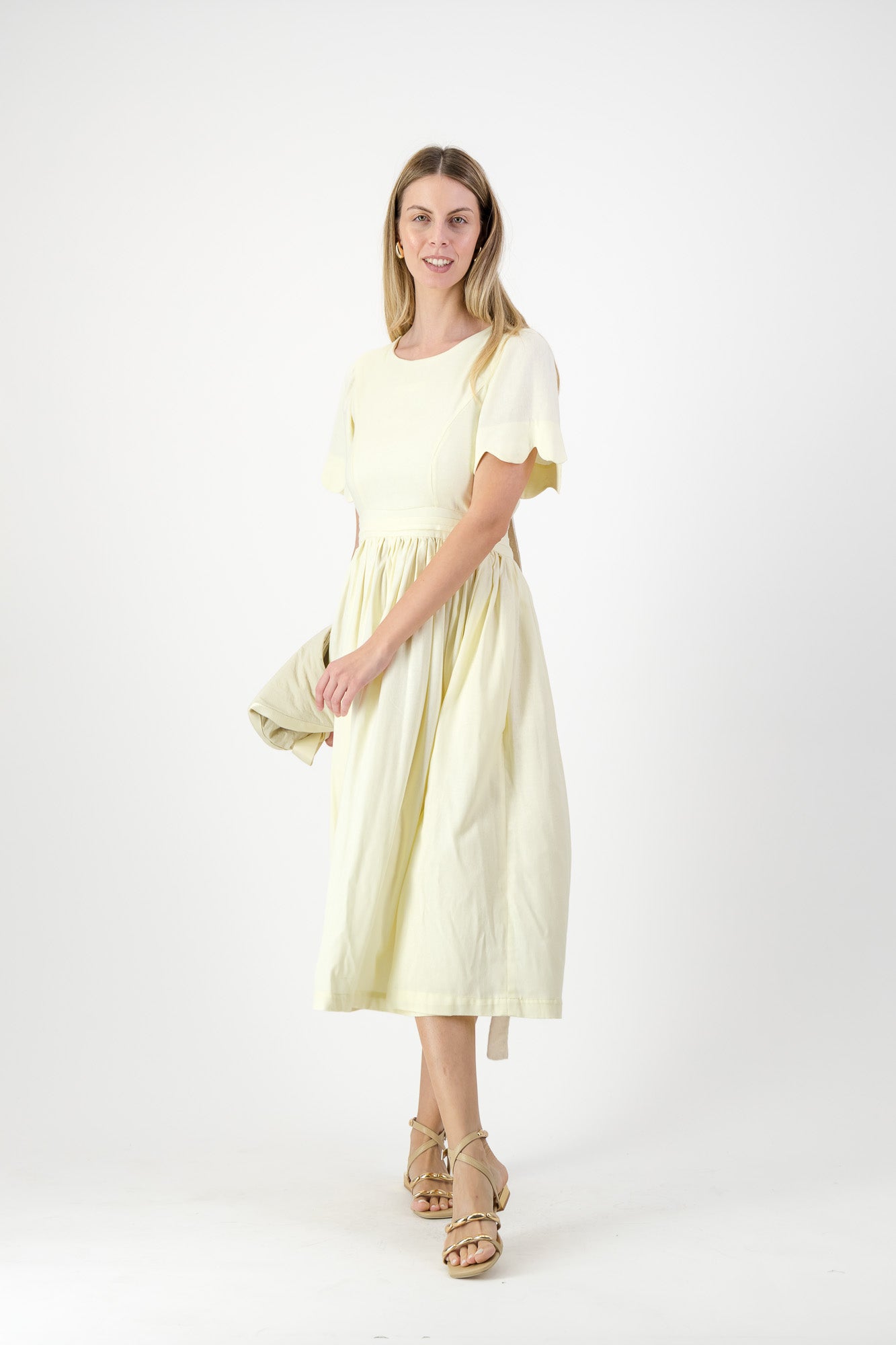 Lemon Meadow Scallop Open Back Dress — Butter Yellow with Oatmeal Tie
