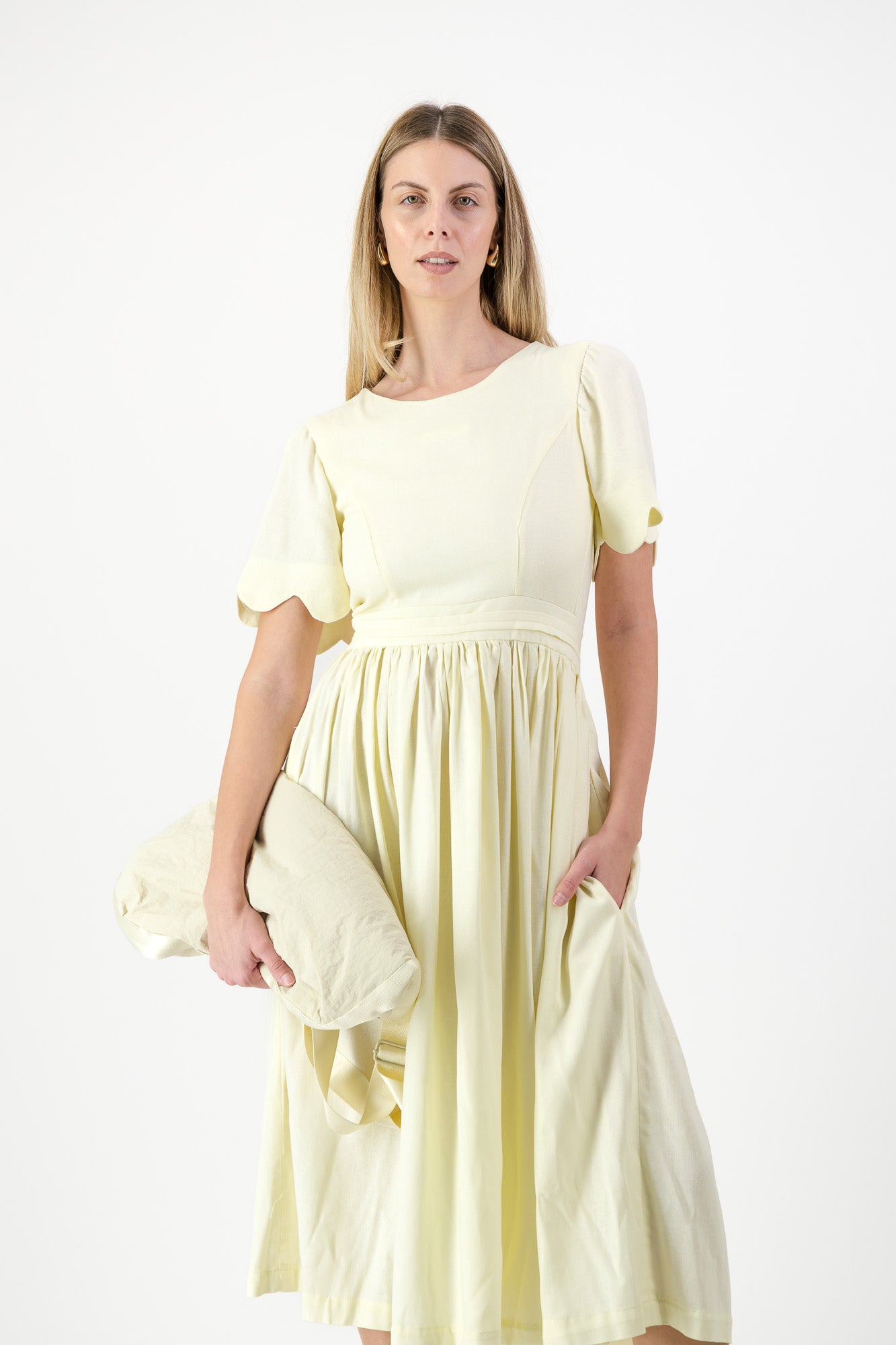 Lemon Meadow Scallop Open Back Dress — Butter Yellow with Oatmeal Tie