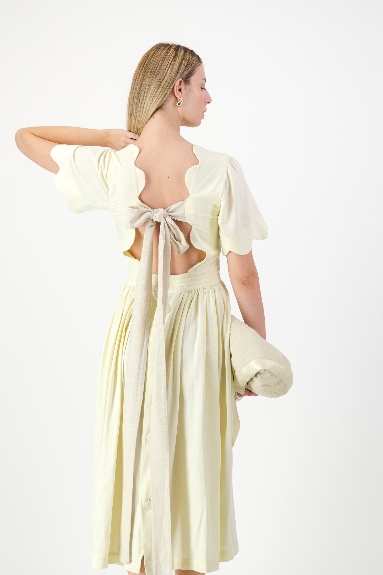 Lemon Meadow Scallop Open Back Dress — Butter Yellow with Oatmeal Tie