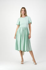 Mint Whisper Scallop Open Back Dress — Pistachio with Oatmeal Tie