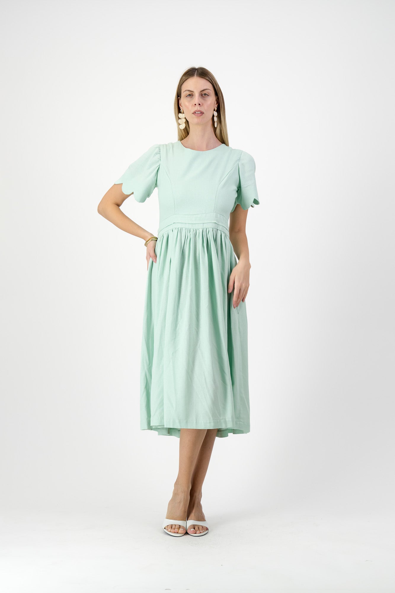 Mint Whisper Scallop Open Back Dress — Pistachio with Oatmeal Tie