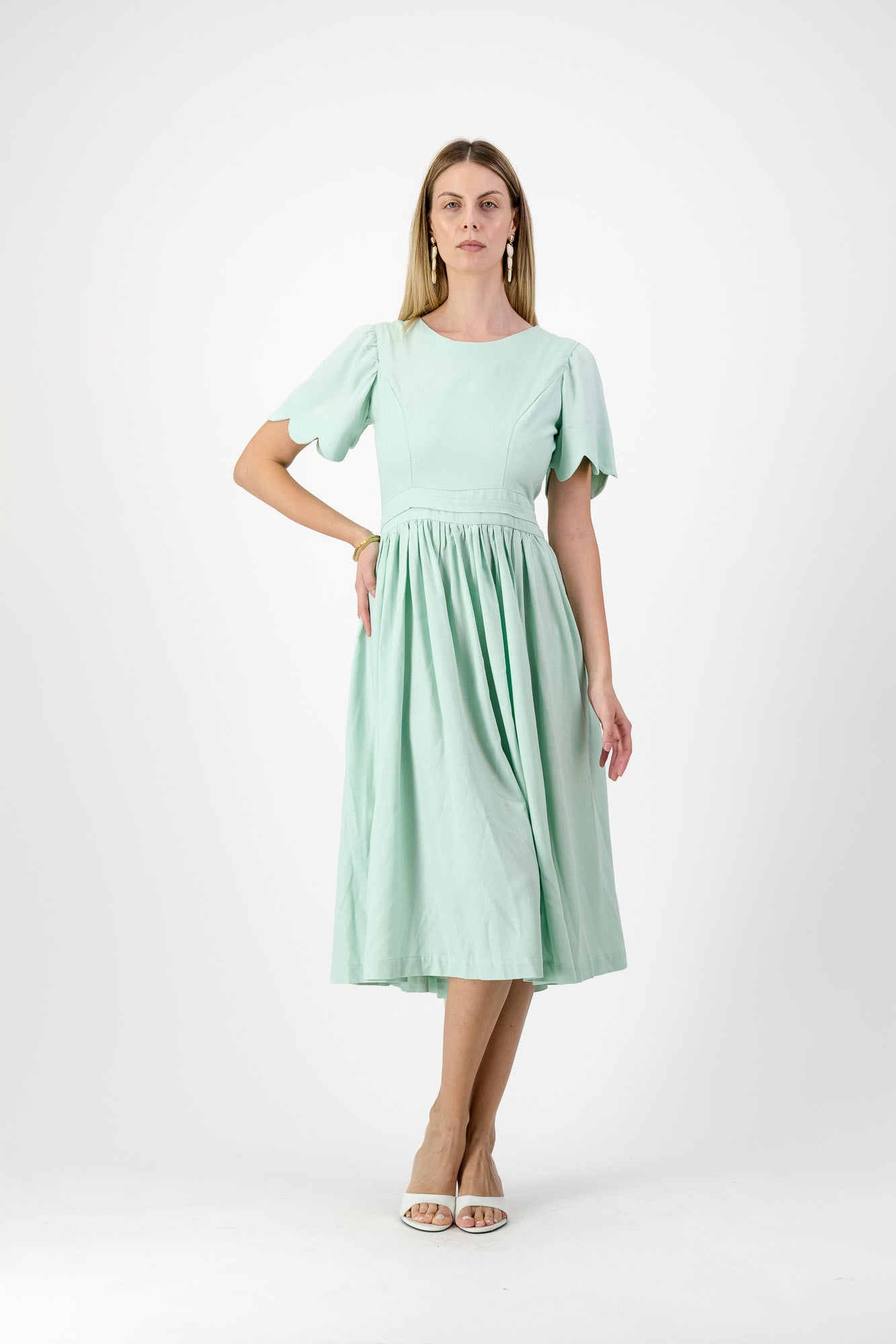 Mint Whisper Scallop Open Back Dress — Pistachio with Oatmeal Tie