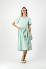 Mint Whisper Scallop Open Back Dress — Pistachio with Oatmeal Tie
