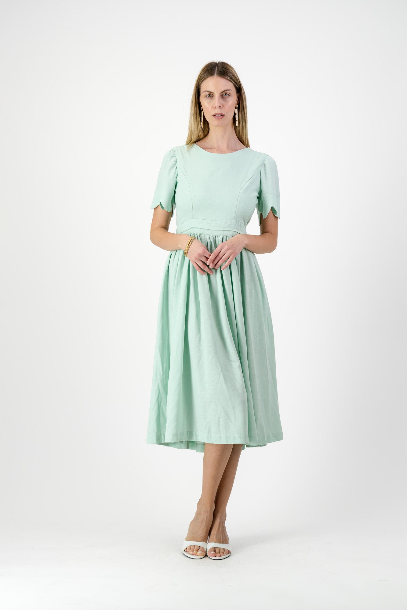 Mint Whisper Scallop Open Back Dress — Pistachio with Oatmeal Tie