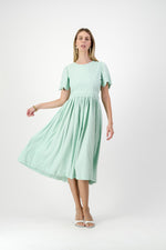 Mint Whisper Scallop Open Back Dress — Pistachio with Oatmeal Tie