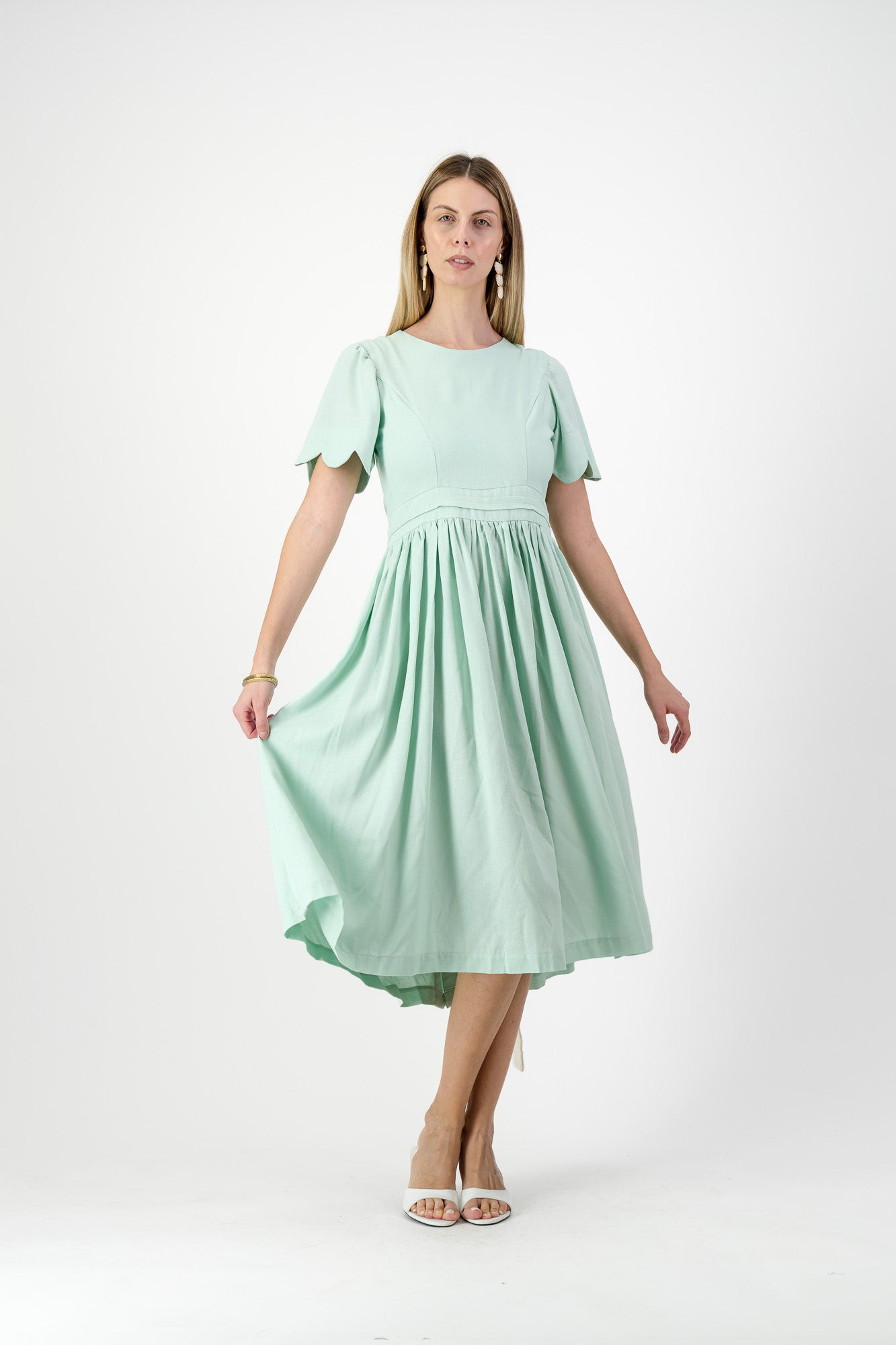 Mint Whisper Scallop Open Back Dress — Pistachio with Oatmeal Tie