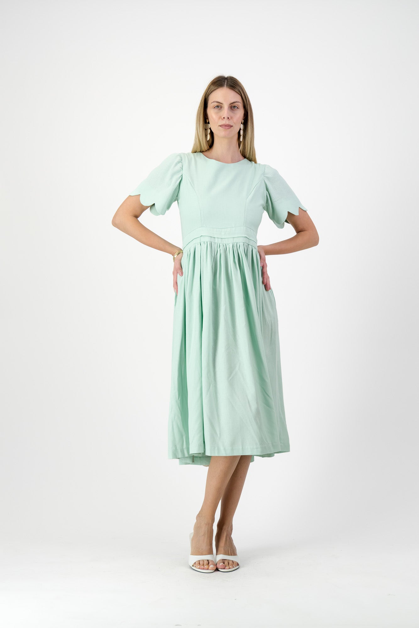 Mint Whisper Scallop Open Back Dress — Pistachio with Oatmeal Tie