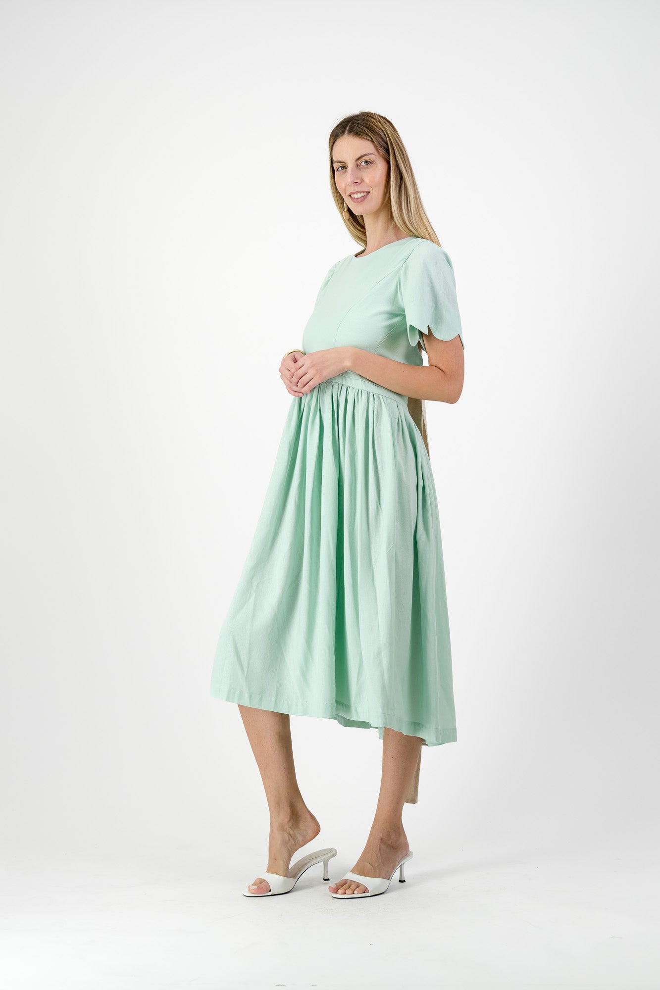 Mint Whisper Scallop Open Back Dress — Pistachio with Oatmeal Tie