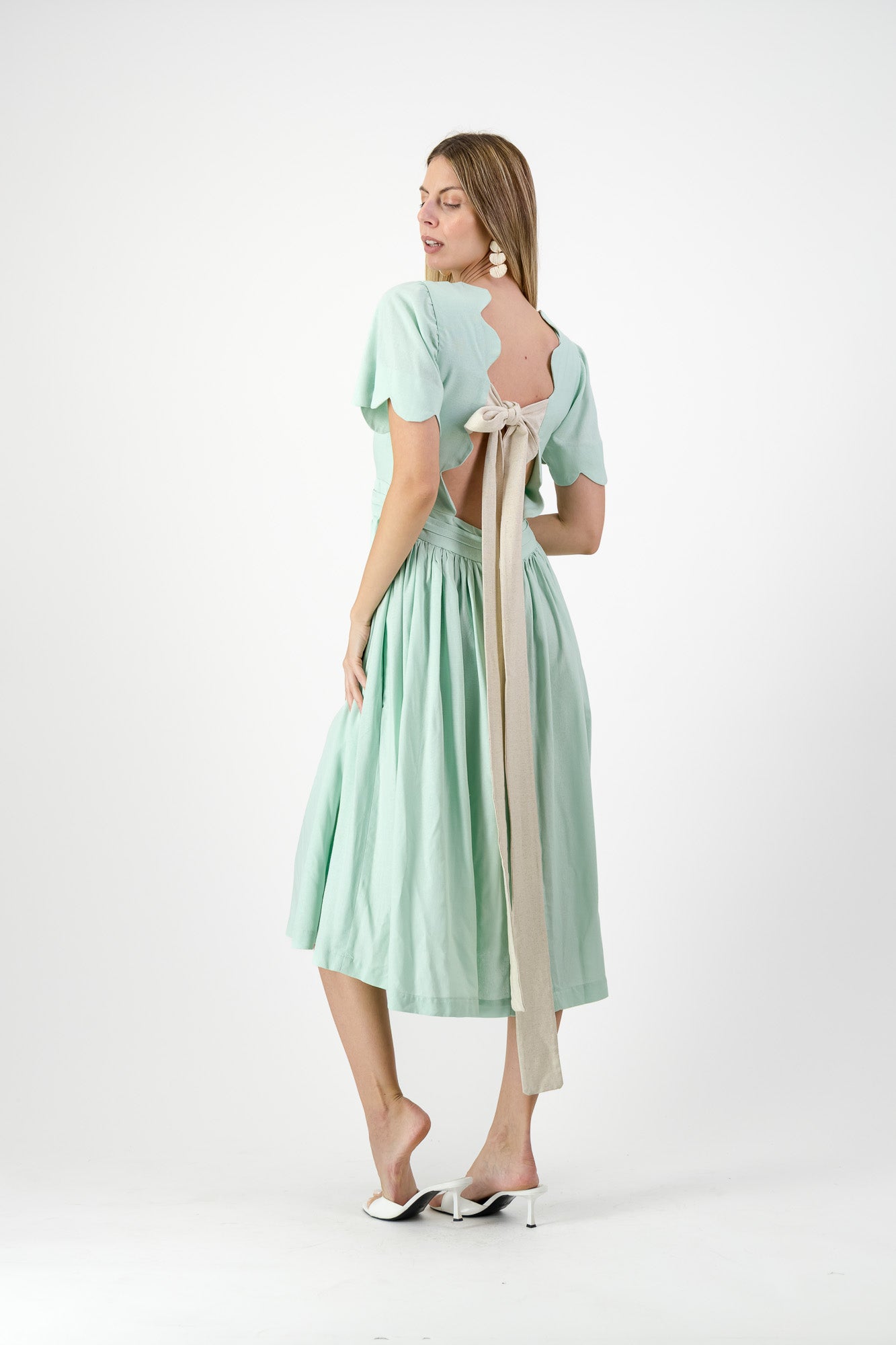 Mint Whisper Scallop Open Back Dress — Pistachio with Oatmeal Tie