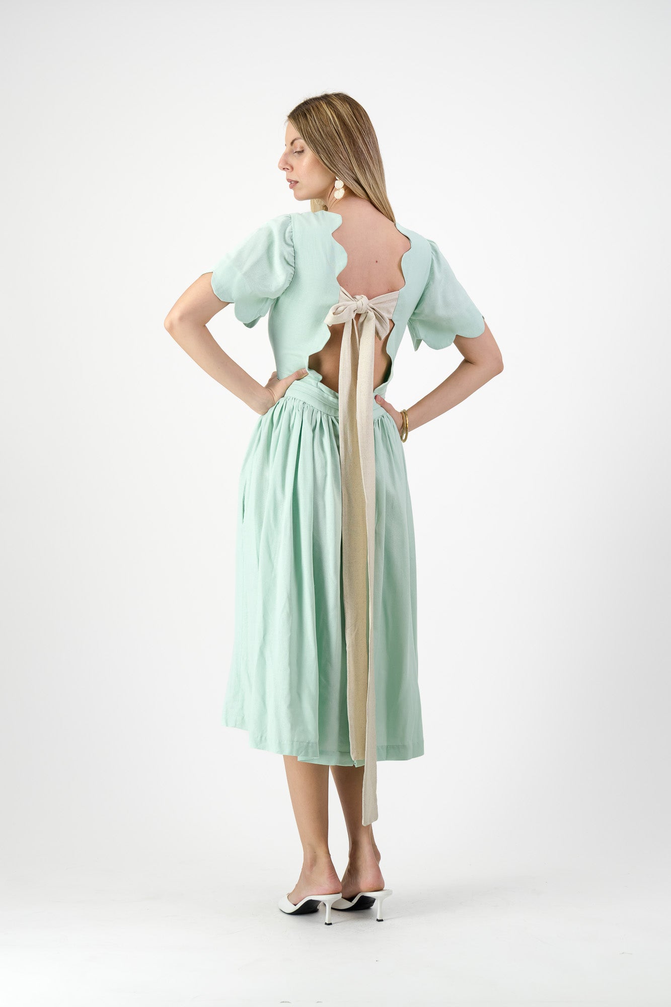 Mint Whisper Scallop Open Back Dress — Pistachio with Oatmeal Tie