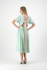 Mint Whisper Scallop Open Back Dress — Pistachio with Oatmeal Tie