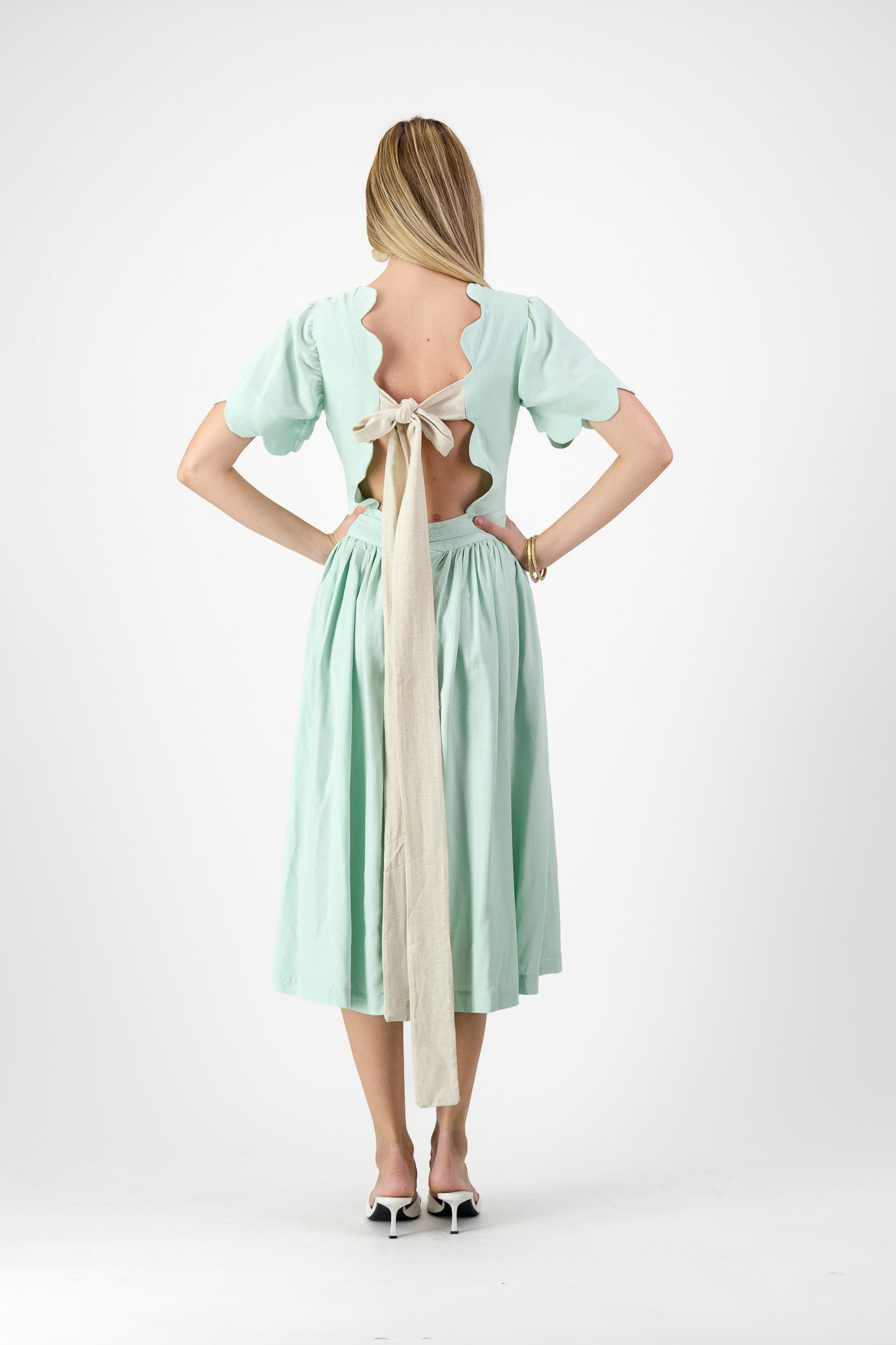 Mint Whisper Scallop Open Back Dress — Pistachio with Oatmeal Tie