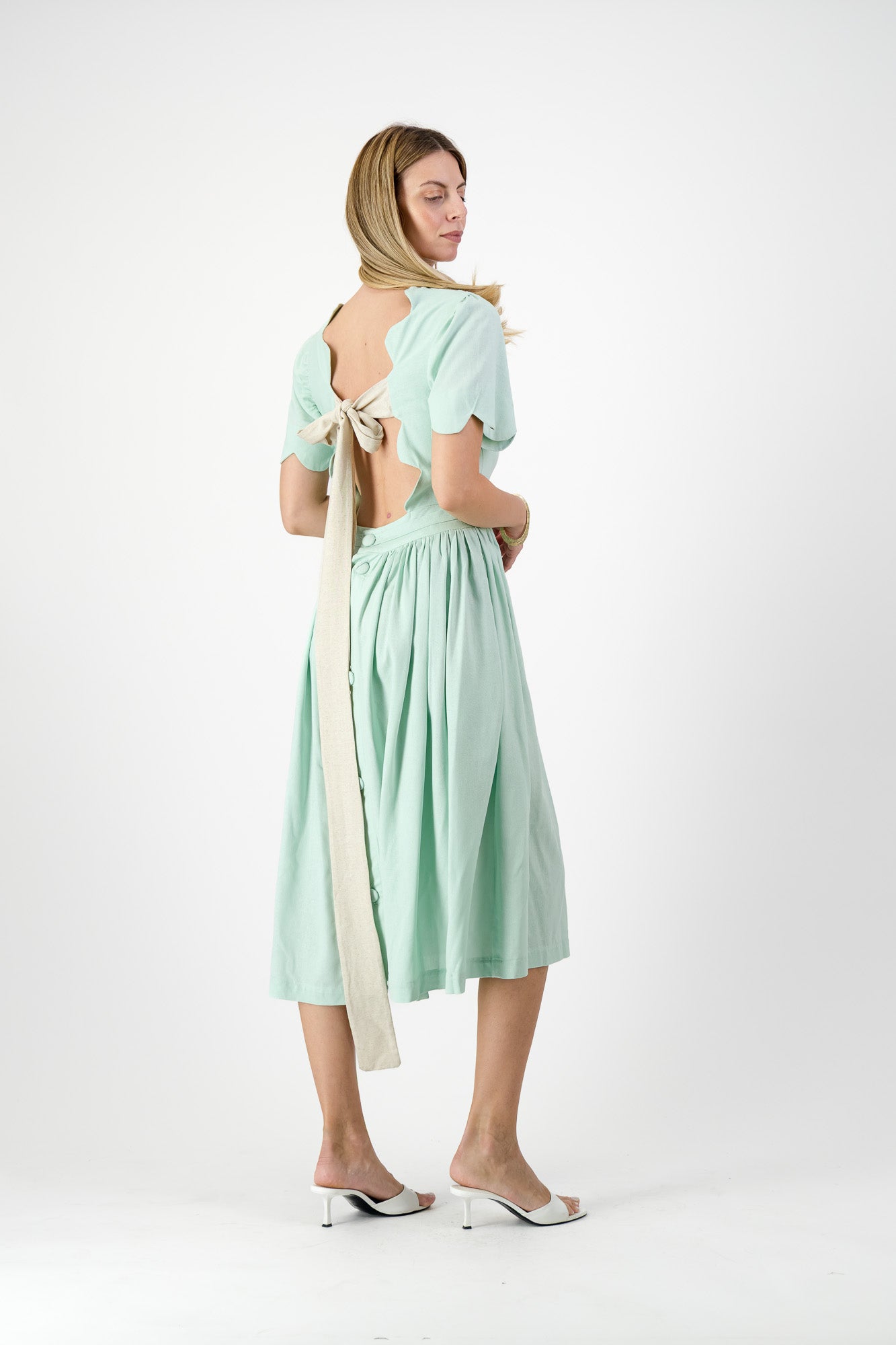 Mint Whisper Scallop Open Back Dress — Pistachio with Oatmeal Tie