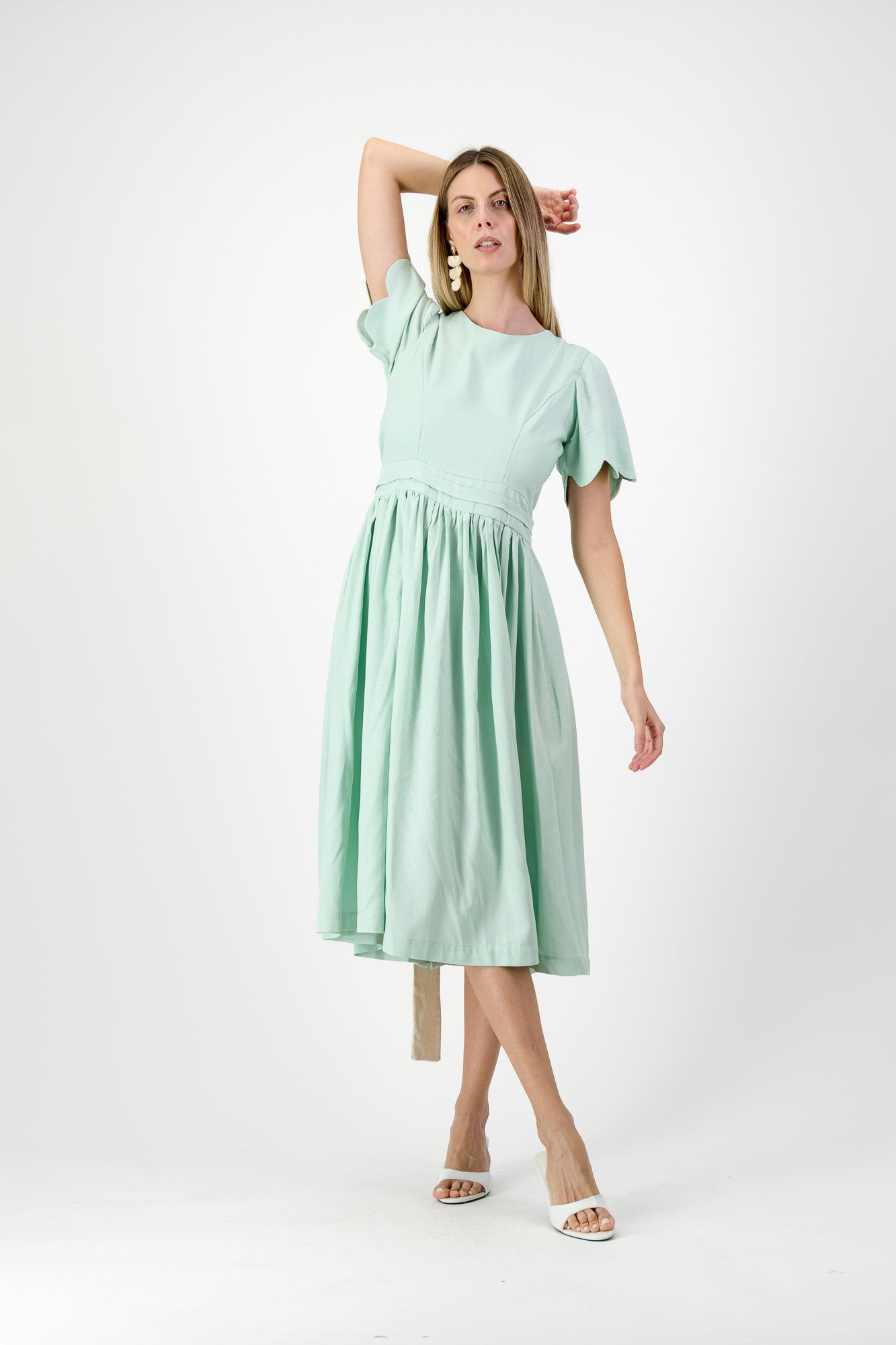 Mint Whisper Scallop Open Back Dress — Pistachio with Oatmeal Tie