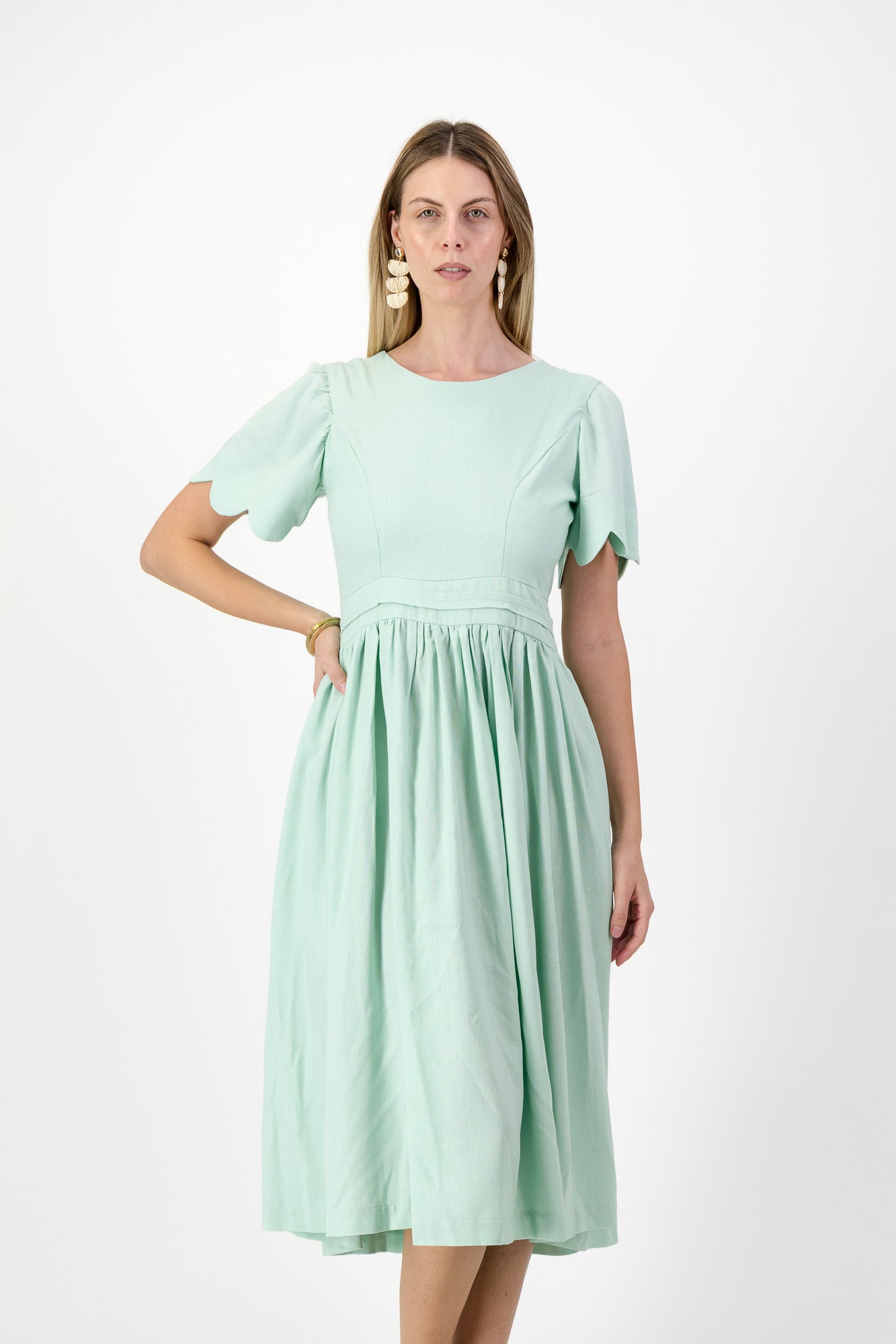 Mint Whisper Scallop Open Back Dress — Pistachio with Oatmeal Tie