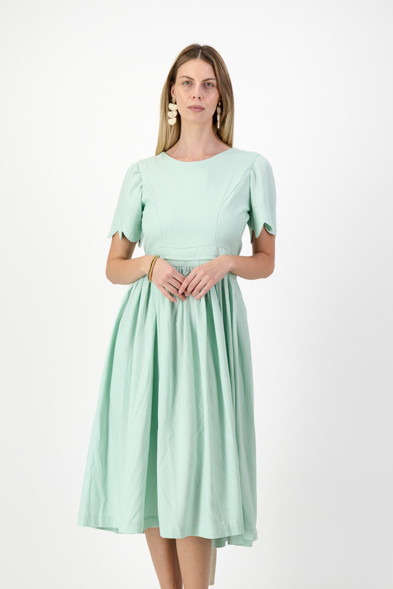 Mint Whisper Scallop Open Back Dress — Pistachio with Oatmeal Tie