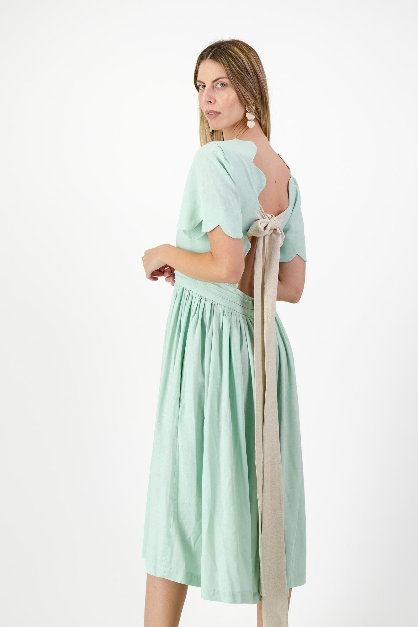 Mint Whisper Scallop Open Back Dress — Pistachio with Oatmeal Tie